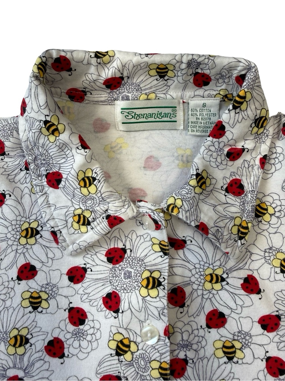 Shenanigans Women's White Floral Button-Down Shirt with Bees & Ladybugs